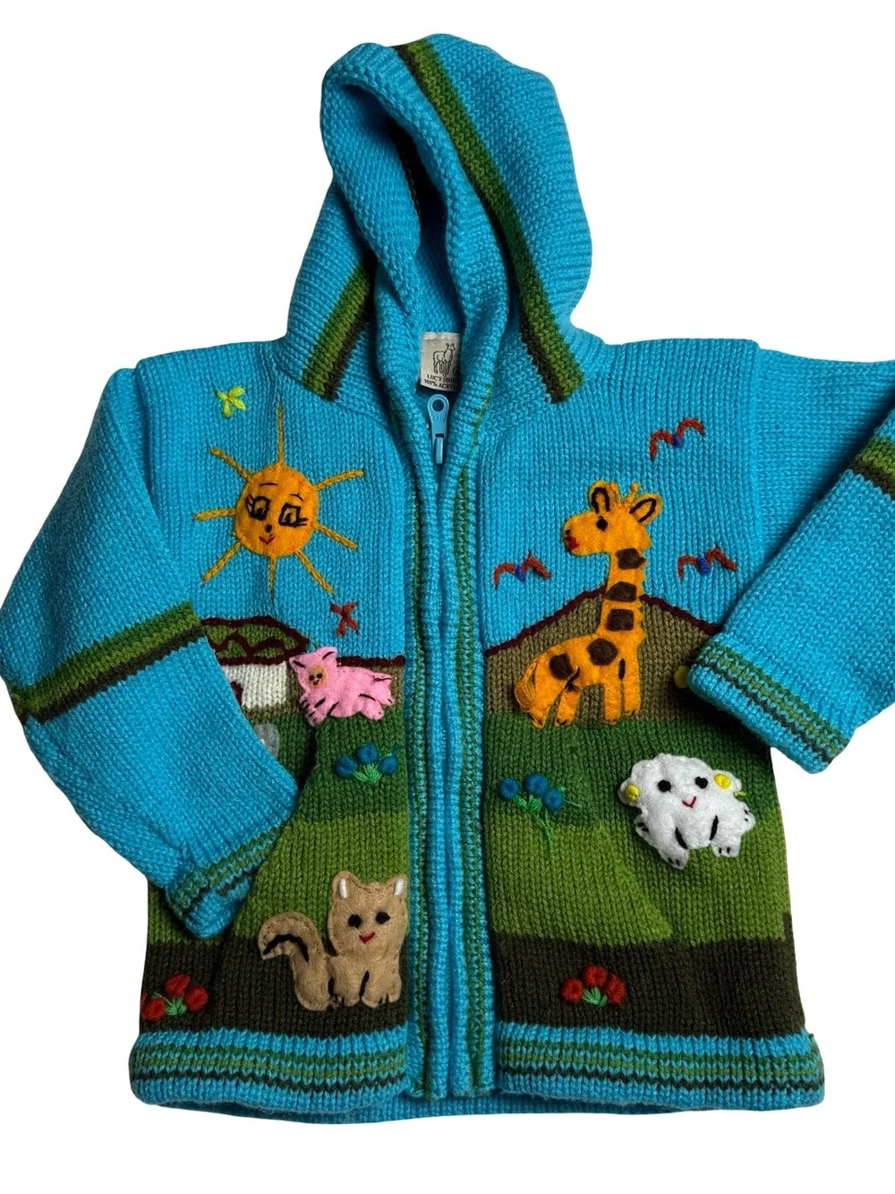 Handknit Peruvian Zip Up Hooded Sweater Lucy Iburg 4T Colorful Animals Landscape